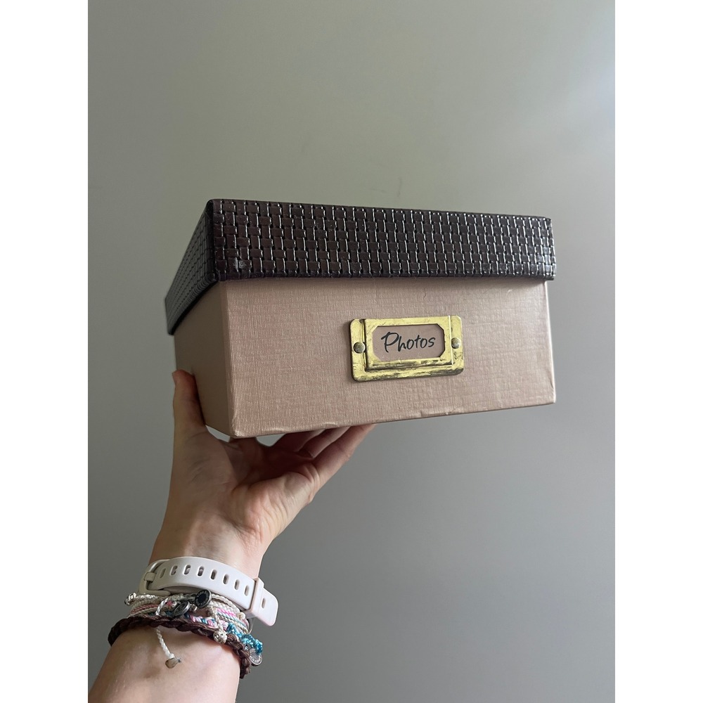 Photo Storage Box Brown with Metal Label Holder Picture Organizer Office‎ Decor